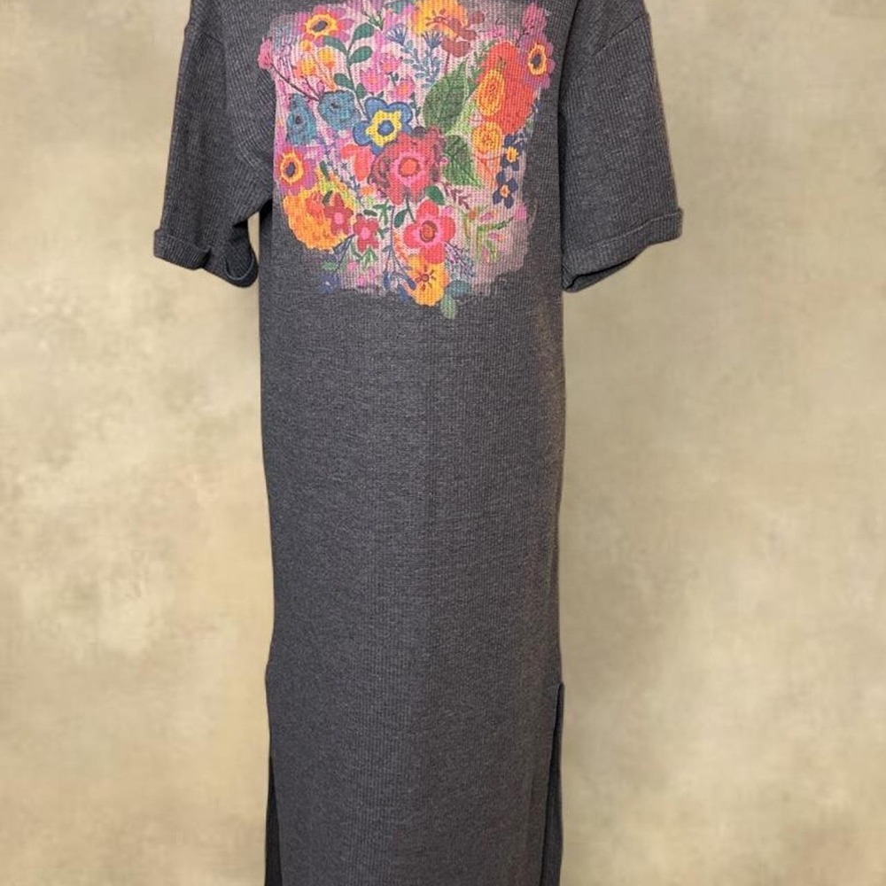 Natural Life Floral Graphic Thermal Knit Maxi Dress Gray XS Boho Waffle Slit